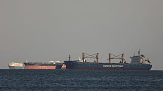 Cargo ships are seen idle at the Gulf of Suez as Ever Givena Panama-flagged cargo ship, is wedged across the Suez Canal and blocks traffic in the vital waterway, 26 March 2021