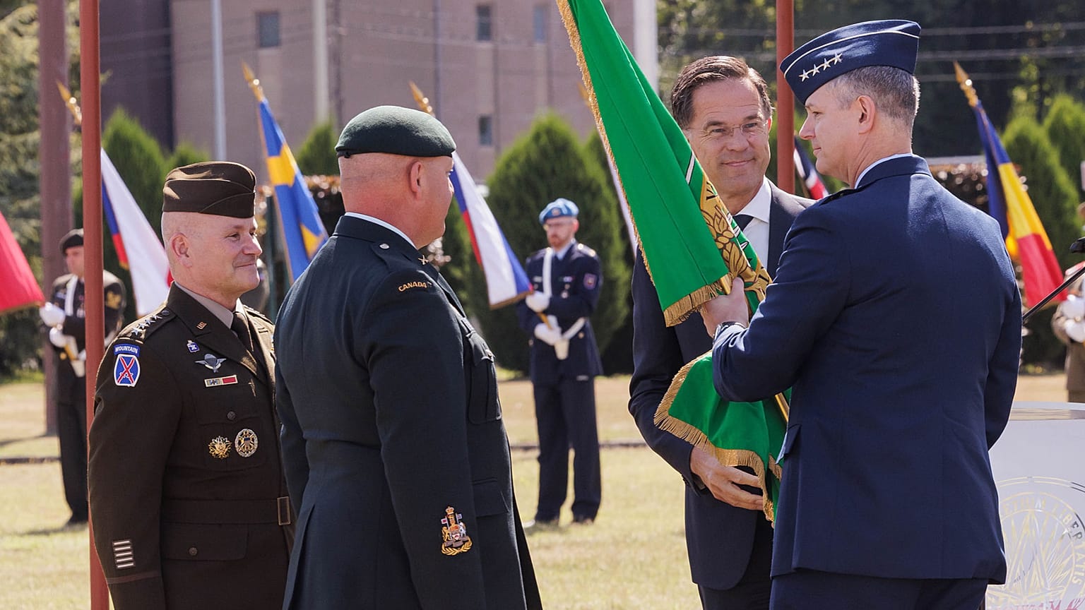General Alexus Grynkewich, NATO Secretary General Mark Rutte, and General Christopher Cavoli at a SACEUR change of command ceremony in Mons, Belgium, 4 July 2025
