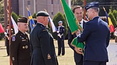 General Alexus Grynkewich, NATO Secretary General Mark Rutte, and General Christopher Cavoli at a SACEUR change of command ceremony in Mons, Belgium, 4 July 2025