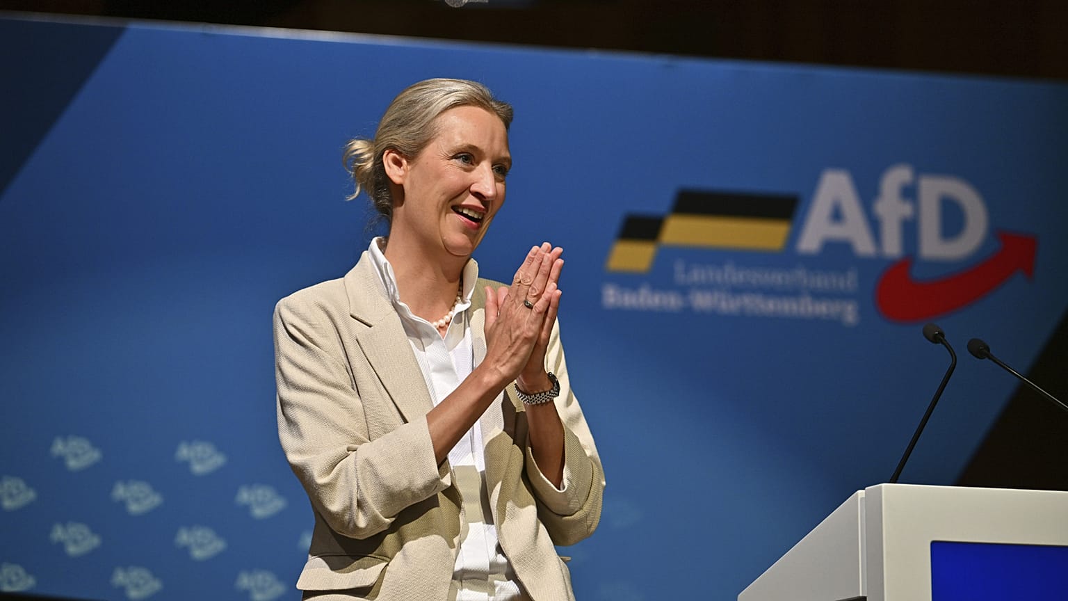 AfD leader Alice Weidel speaks at the state election meeting in Heilbronn, 31 May, 2025
