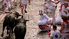 Festbesucher rennen mit Stieren aus der Fuente Ymbro Ranch am ersten Tag des Stierrennens während der San Fermín Fiestas in Pamplona, Spanien, Montag, den 7. Juli 2025.