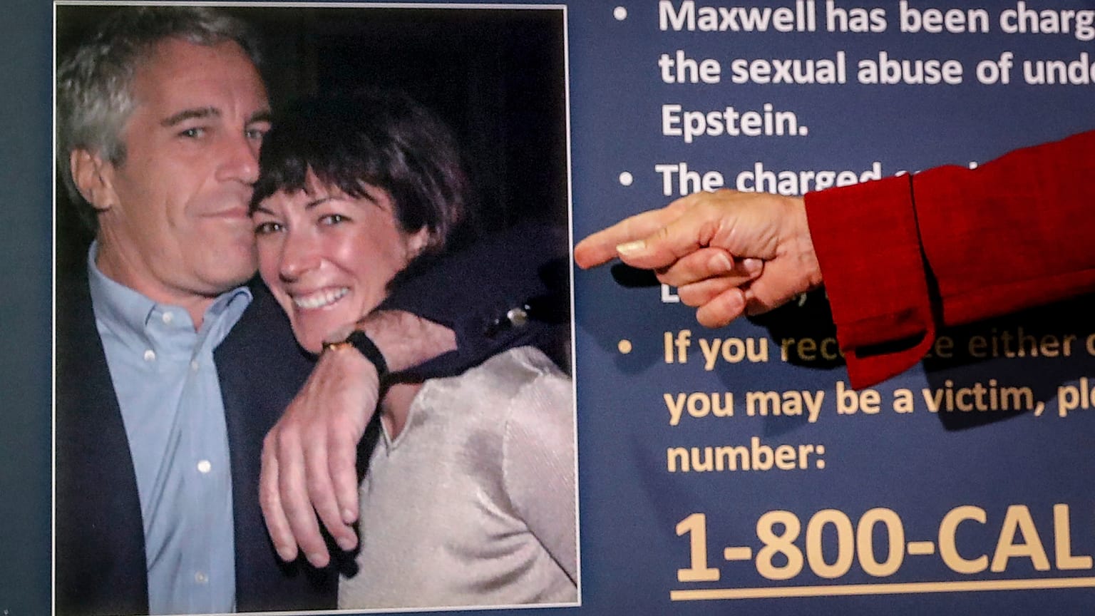 FILE: Audrey Strauss, acting US attorney for the Southern District of New York, points to a photo of Jeffrey Epstein and Ghislaine Maxwell, in New York, 2 July 2020
