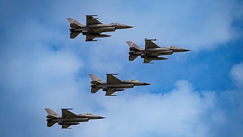 F16 fighter jets of the Romanian Air Force and the Romania based European F-16 Training Center (EFTC), perform a fly-by in Bucharest, Romania, 22  May 2024. 