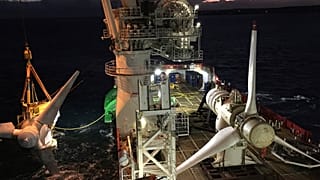 En esta foto de octubre de 2018 facilitada por MeyGen, se ven turbinas mareomotrices en el emplazamiento mareomotriz de MeyGen situado en el Inner Sound del Pentland Firth