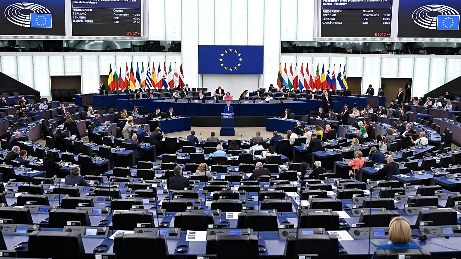 Duńska premier Matte Frederiksen przemawia przed Parlamentem Europejskim z okazji przejęcia przez Danię prezydencji w KE, 8 lipca 2025