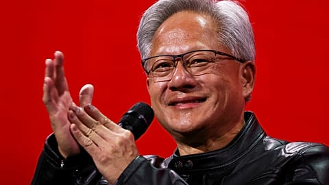 Nvidia CEO Jensen Huang attends a round table discussion at the VivaTech fair dedicated to innovation and startups in Paris, Wednesday, June 11, 2025