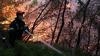 Πυροσβέστης επιχειρεί στην κατάσβεση πυρκαγιάς που ξέσπασε λίγο πριν τις 18.00 το απόγευμα σε αγροτοδασική έκταση στο Ασπροχώρι Ωρωπού