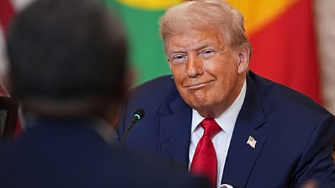 President Donald Trump speaks during a lunch with African leaders in the State Dining Room of the White House, Wednesday, July 9, 2025, in Washington.