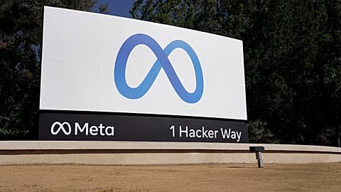 Facebook's Meta logo sign is seen at the company headquarters in Menlo Park, Calif., on, Oct. 28, 2021.