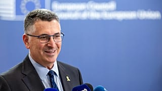 Israel's Foreign Minister Gideon Sa'ar talks with journalists at the EU Council building in Brussels, 14 July, 2025