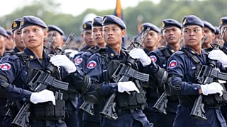Cambodian troops perform a ceremony in northern Kampong Chhnang province, 14 July, 2025