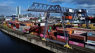 Containers are pictured at a cargo terminal in Frankfurt, Germany,