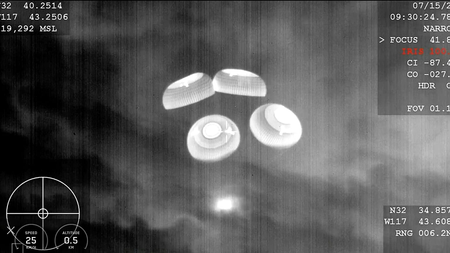 A SpaceX capsule carrying four astronauts parachuting into the Pacific Ocean off the coast of Southern California, 15 July, 2025