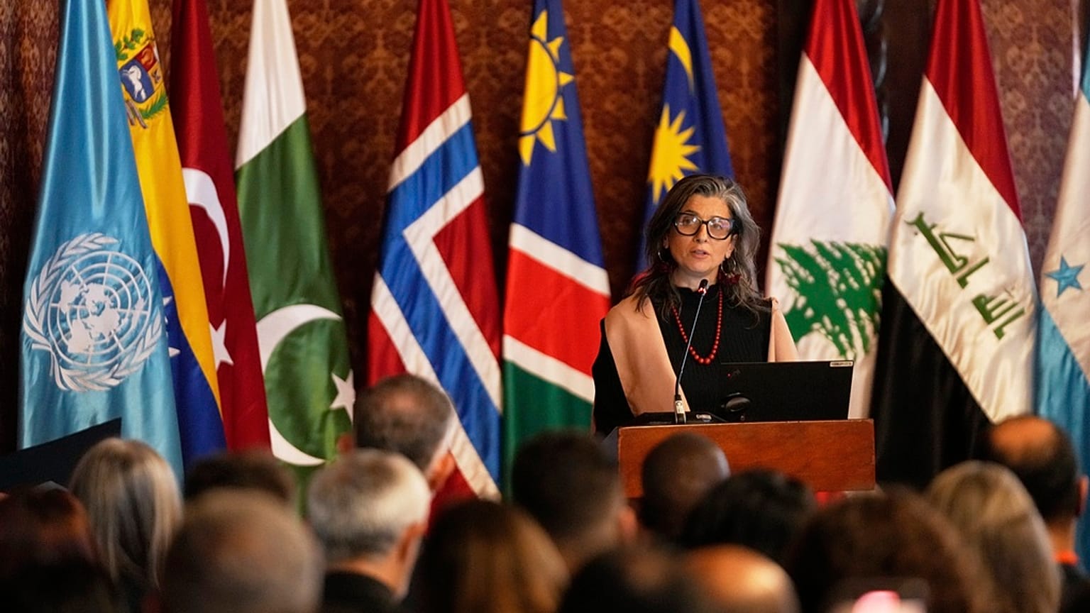 Francesca Albanese, Kolombiya Bogota'da düzenlenen konferansta konuşma yaparken, 15 Temmuz 2025