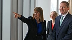 British Chancellor of the Exchequer Rachel Reeves gestures as she talks with Lloyds Banking Group CEO Charlie Nunn. Leeds, England. 15 July 2025.