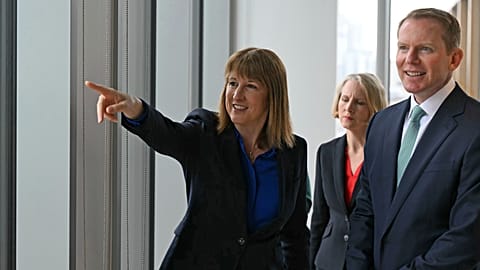 British Chancellor of the Exchequer Rachel Reeves gestures as she talks with Lloyds Banking Group CEO Charlie Nunn. Leeds, England. 15 July 2025.