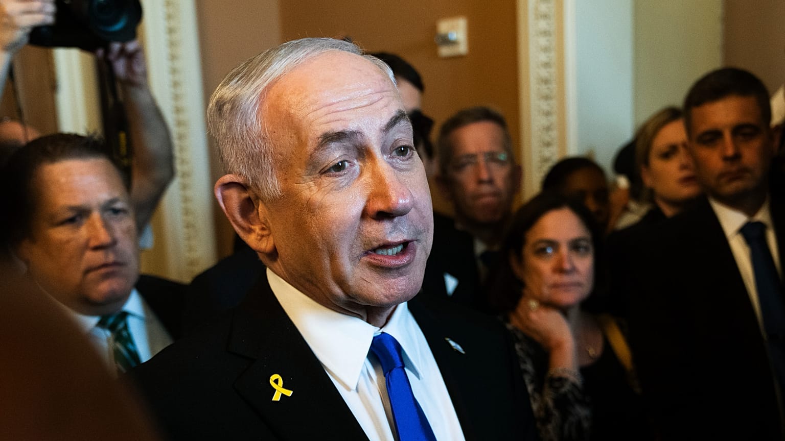 Israeli Prime Minister Benjamin Netanyahu speaks to reporters before a meeting with lawmakers at the Capitol in Washington, 9 July, 2025