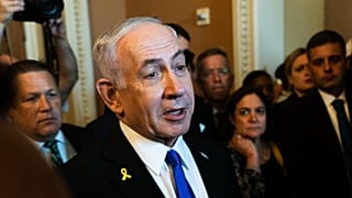 Israeli Prime Minister Benjamin Netanyahu speaks to reporters before a meeting with lawmakers at the Capitol in Washington, 9 July, 2025