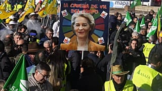 Un cartel con Von der Leyen como el personaje ficticio Cruella de Vil, en una protesta de agricultores en denuncia del acuerdo entre la UE y el Mercosur en Madrid en 2024.