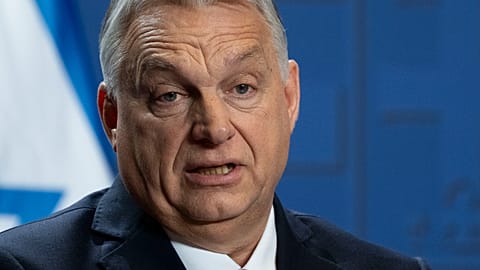 Hungarian Prime Minister Viktor Orban speaks during a press statement at the Carmelite Monastery in the Buda Castle in Budapest, Hungary, Thursday, April 3, 2025.