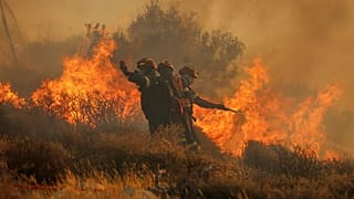 Feuerwehrleute versuchen mit einem Schlauch, den Brand in der Nähe der Stadt Lerapetra an der Südküste der Insel Kreta (Griechenland, 3. Juli) zu löschen.