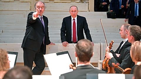 Russian President Vladimir Putin visits the new concert hall of the Mariinsky Theatre. Next to him conductor Valery Gergiev, Russia, 3 June 2017 