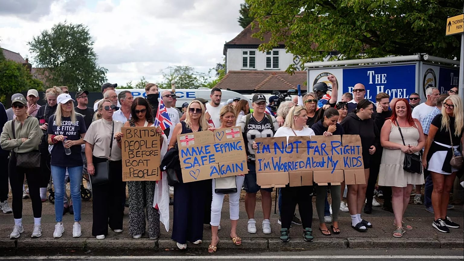 Protesters demonstrate outside the Bell Hotel in the town of Epping, 20 July, 2025