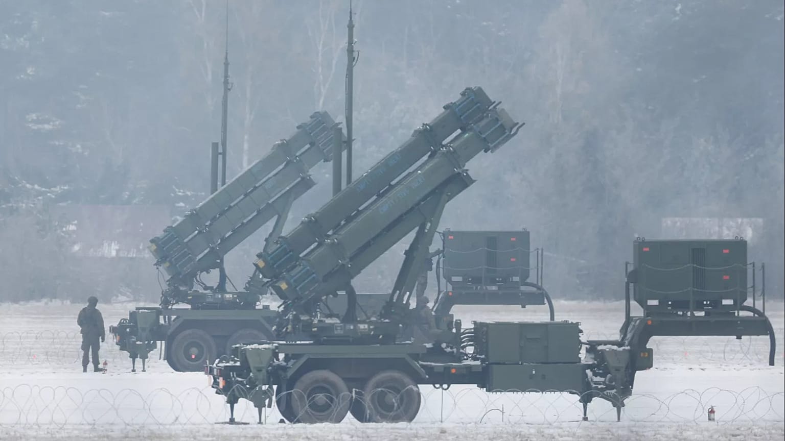 Patriot missile launchers acquired from the US are seen deployed in Warsaw, 6 February, 2023