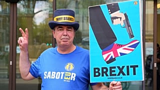 Anti-Brexit campaigner Steve Bray celebrates as he leaves Westminster Magistrates Court in London, Monday, 14 April, 2025.