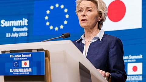 European Commission President Ursula von der Leyen addresses the media after an EU-Japan summit in Brussels, Belgium, July 13, 2023.