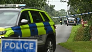 The scene in the Drummeer Road area of Maguiresbridge, Northern Ireland, Wednesday, July 23, 2025, after a shooting incident.