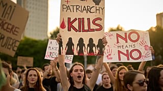 Des personnes brandissent des banderoles lors d'une manifestation organisée par des milliers de militants des droits de la femme devant le siège du gouvernement en Roumanie.