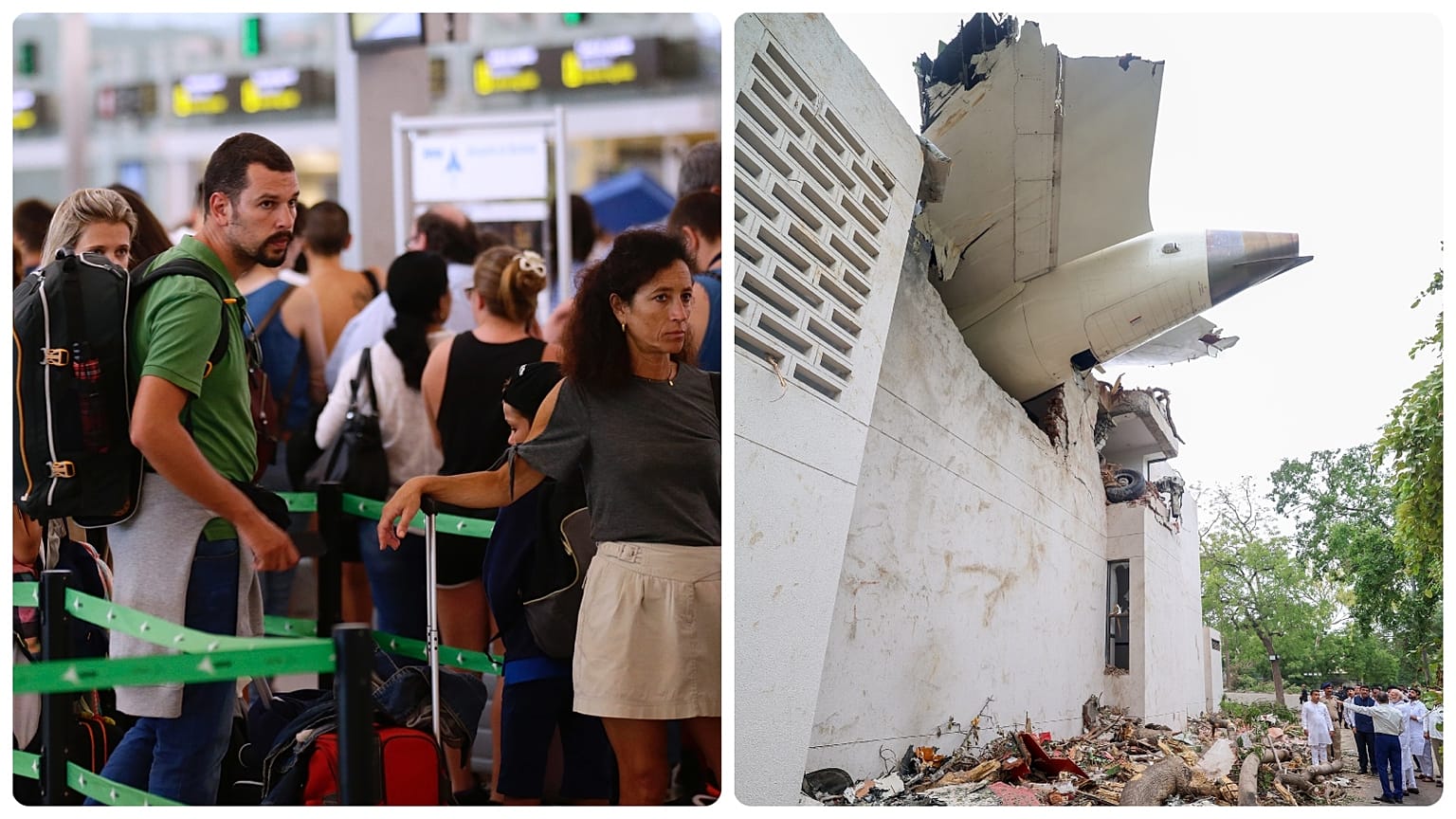 Biztonsági ellenőrzés a barcelonai reptéren 2017-ben; Narendra Modi kormányfő az Air India lezuhant gépénél Ahmedabadban, 2025 júniusában