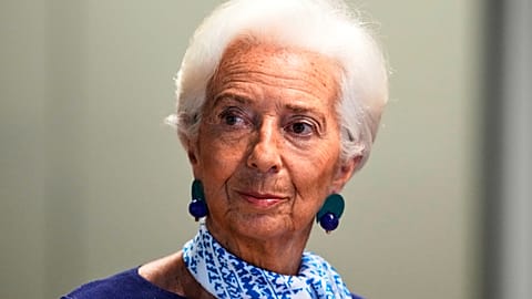 President of the European Central Bank Christine Lagarde briefs the media during a press conference at the bank's headquarters in Frankfurt, Germany, Thursday, July 24, 2025