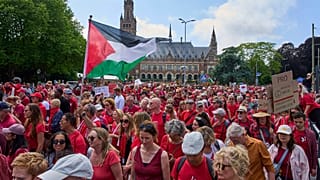 تظاهر عشرات الآلاف من المحتجين الذين يرتدون ملابس حمراء أمام قصر السلام، مطالبين حكومتهم ببذل المزيد من الجهد لوقف الحملة الإسرائيلية في غزة
