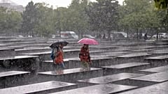 Zwei Besucher gehen bei starkem Regen durch das Holocaust-Mahnmal in Berlin, Deutschland, Donnerstag, 5. Juni 2025