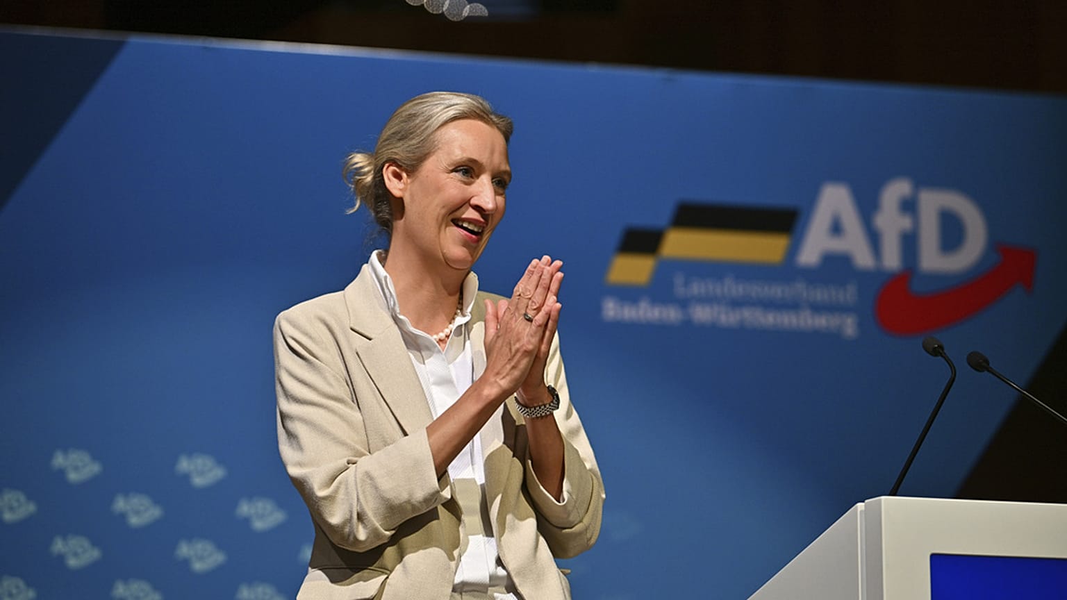 Die AfD-Vorsitzende Alice Weidel spricht auf der Landeswahlversammlung in Heilbronn, Deutschland, Samstag, 31. Mai 2025