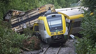 Les wagons d'un train régional de passagers qui a déraillé sont couchés sur une ligne de chemin de fer près de Riedlingen, en Allemagne, le lundi 28 juillet 2025