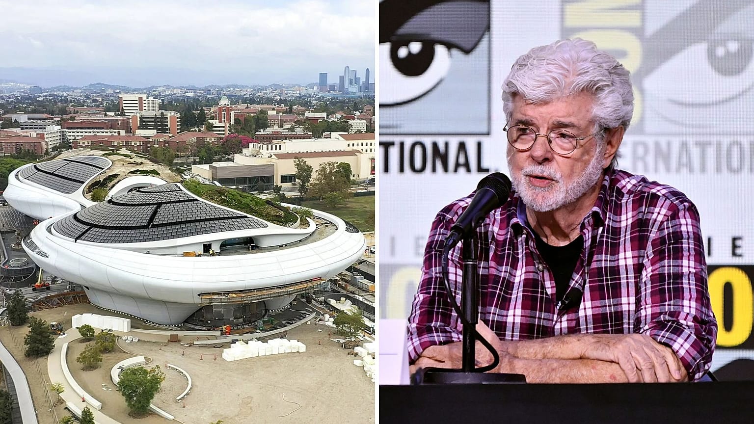 George Lucas, 27 Temmuz 2025 Pazar günü San Diego'da düzenlenen Comic-Con International sırasında Lucas Anlatı Sanatı Müzesi için düzenlenen bir panele katılıyor. 