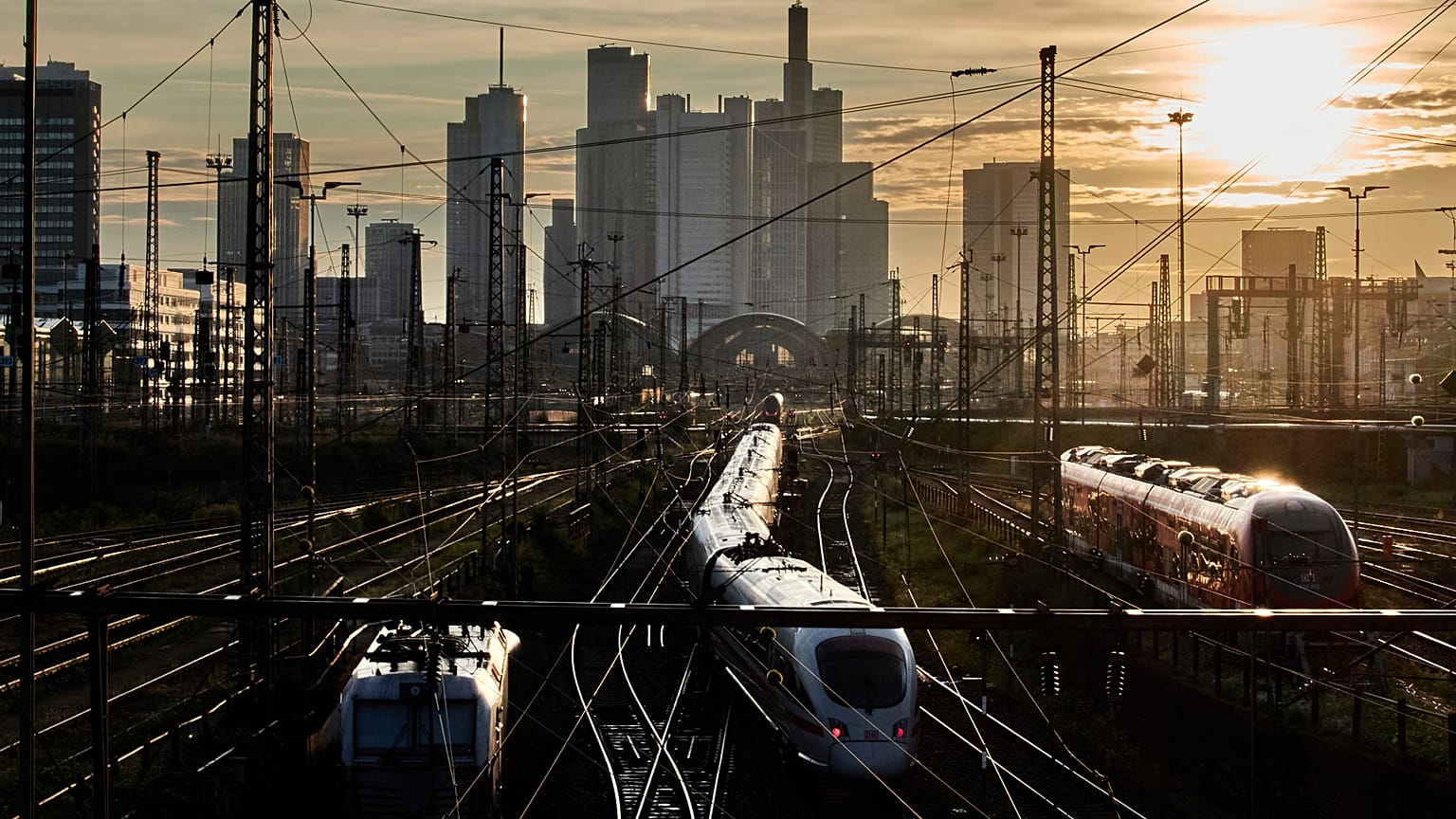 Trains stand in front of the main train station in Frankfurt, Germany. 31 July 2025.