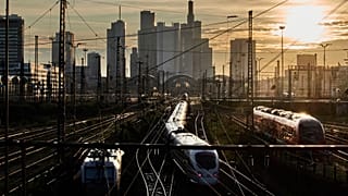 Trains stand in front of the main train station in Frankfurt, Germany. 31 July 2025.