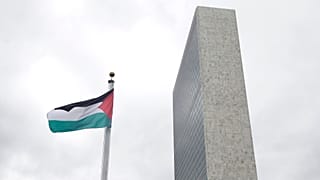 پرچم فلسطینی که برای اولین بار در مقر سازمان ملل متحد به اهتزاز درآمد، ۳۰ سپتامبر ۲۰۱۵.