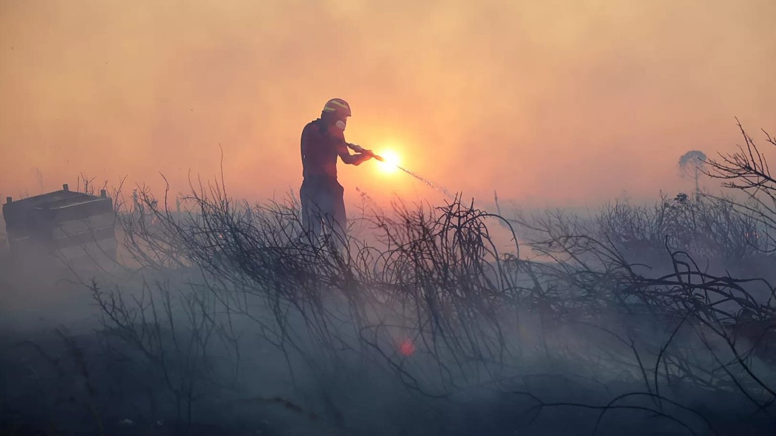 A firefighter tries to extinguish the blazes during a wildfire, in the northwestern suburb of Kryoneri, in Athens, Greece on 26 July. 