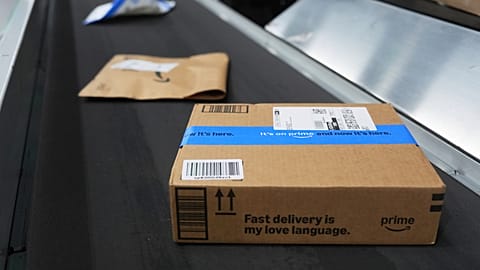 Packages move along a conveyer system at an Amazon Pharmacy fulfillment centre. 29 July 2025. Michigan.