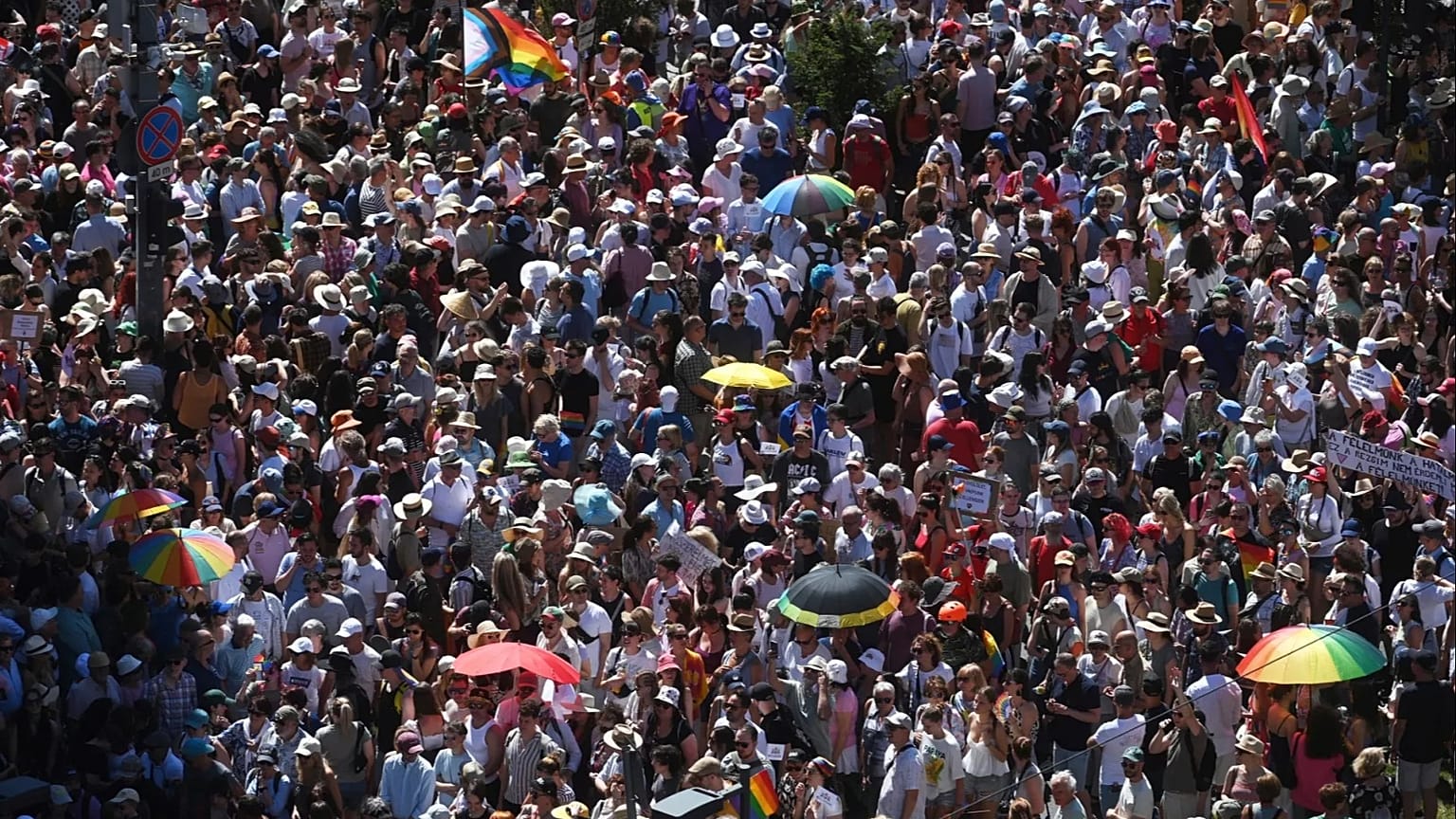 Participants gather during the Budapest Pride march in Budapest, 28 June, 2025
