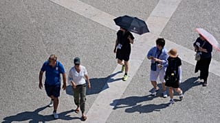 Turistas e locais protegem-se do calor em Lisboa