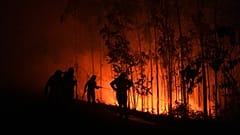 Feuerwehrleute arbeiten, während ein Feuer im Gebiet Fuente de Faro de Brantuas in Ponteceso, Nordwestspanien, am Sonntag, den 3. August 2025, voranschreitet.