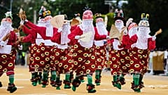 eople dressed in costumes perform during the mask festival in Porto-Novo, Benin.