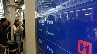 Les passagers réagissent à la gare de St Pancras à l'annonce de la suspension des services Eurostar vers Paris, 7 mars 2025