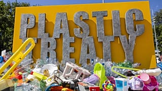 Plastic items are seen on Place des Nations in front of the European headquarters of the United Nations in Geneva, Switzerland.